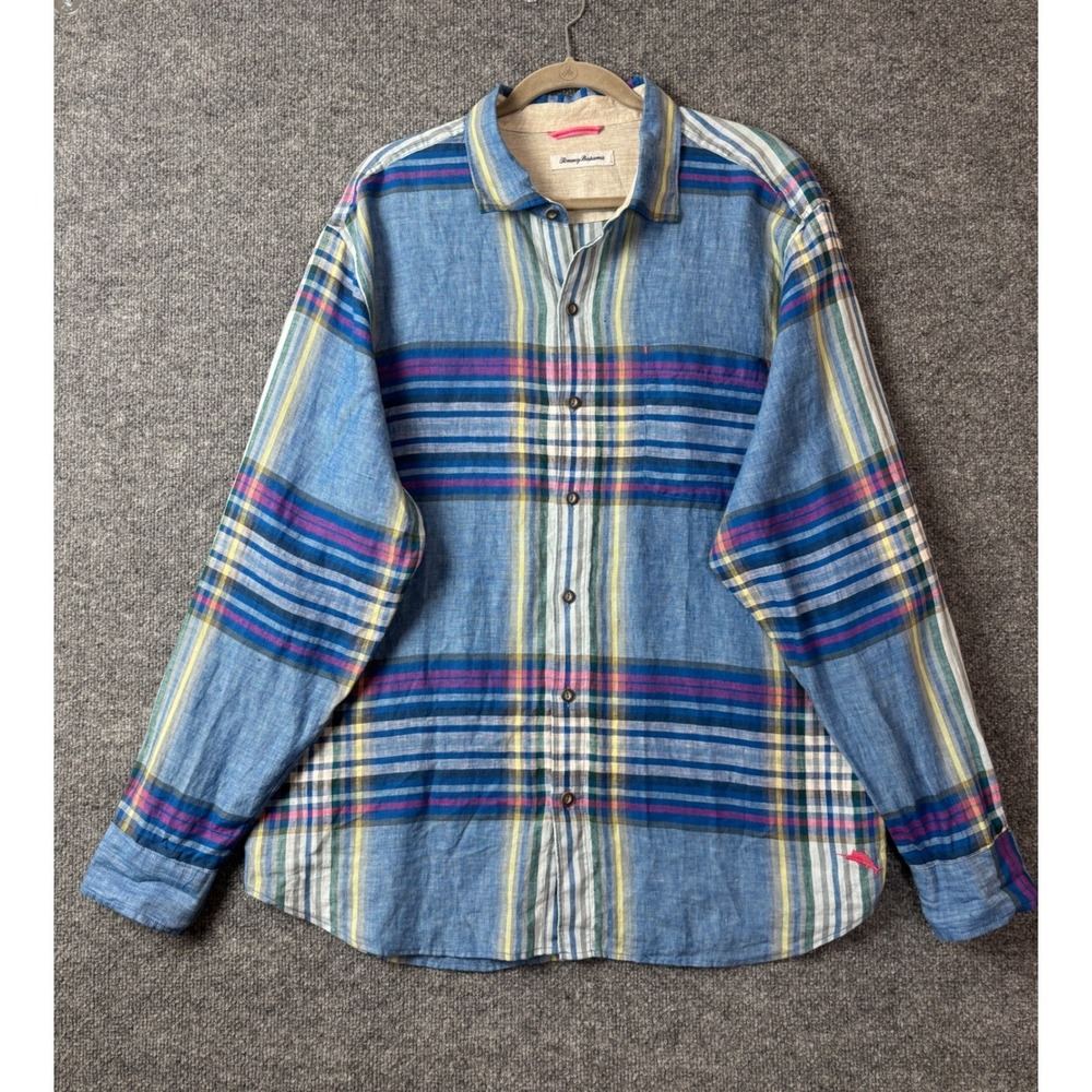 Tommy Bahama‎ Shirt Mens XL Blue Multi Color Linen Long Sleeve Plaid Button Down